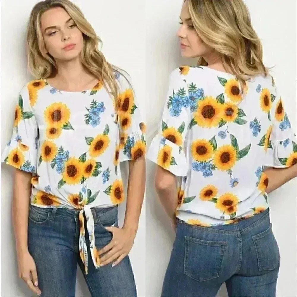 Sunflower & Floral Print Tie Front Top